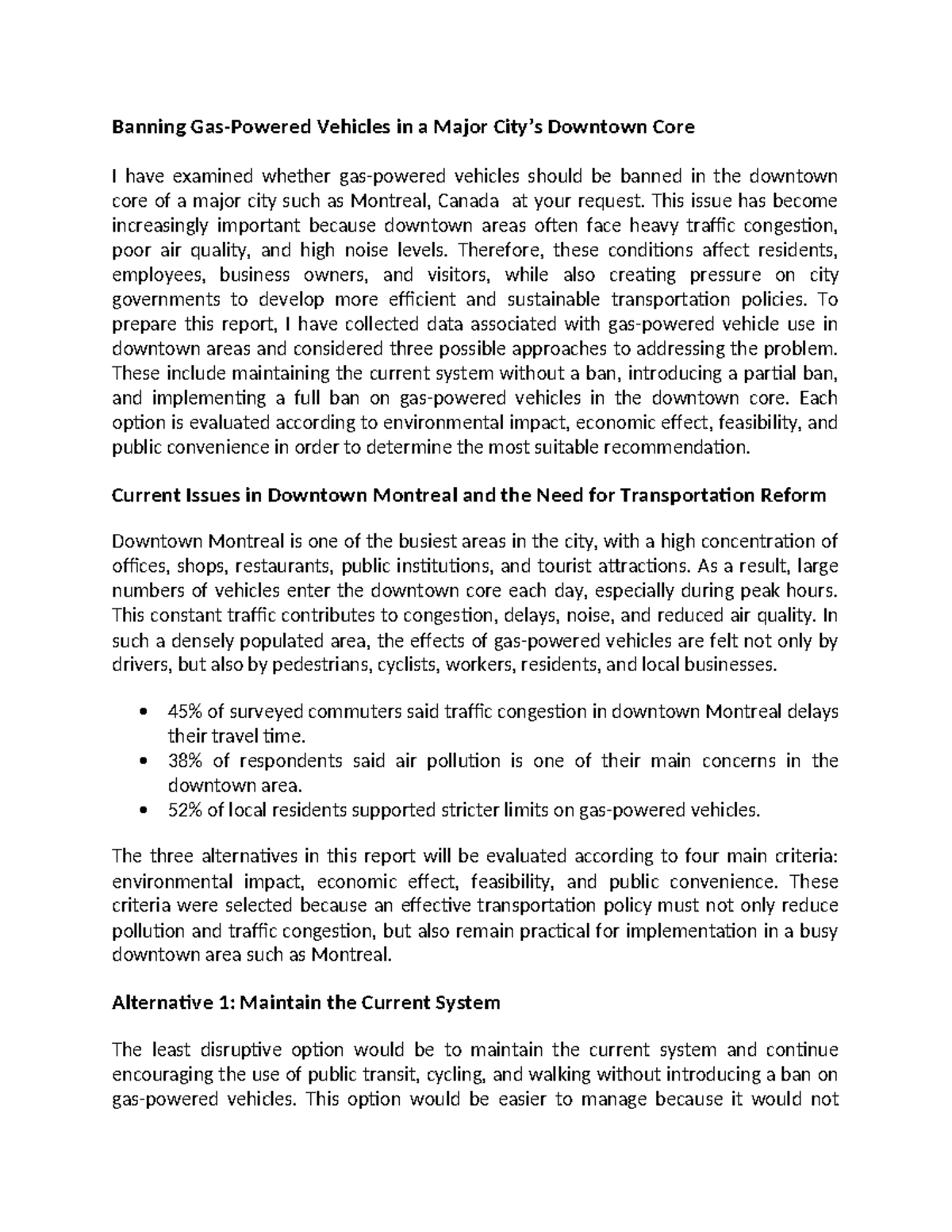 Montreal Transportation Reform: Evaluating Vehicle Ban Options - Studocu