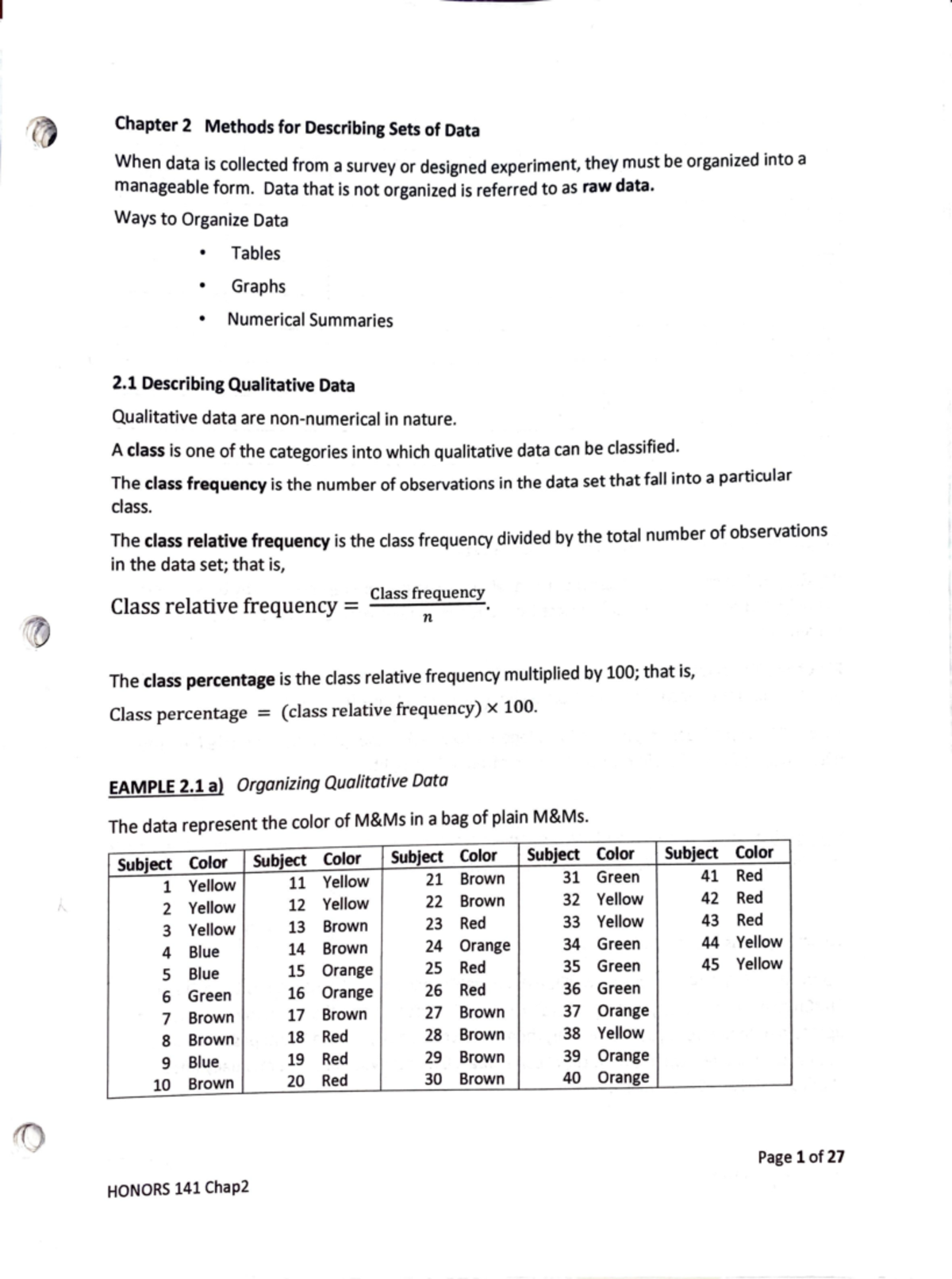 Stats Chapter 2 prt. 1 - Notes and Problems - 'W Chapter 2 Methods for ...