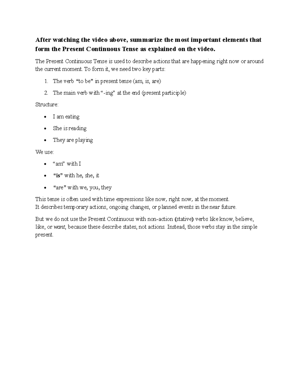 Present Continuous Tense Summary and Key Elements - Studocu