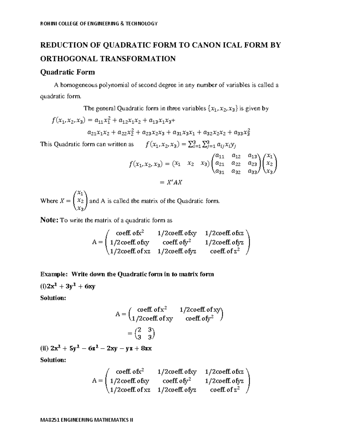 Reduction of Quadratic Forms to Canonical Form: MATH 58494382508 - Studocu