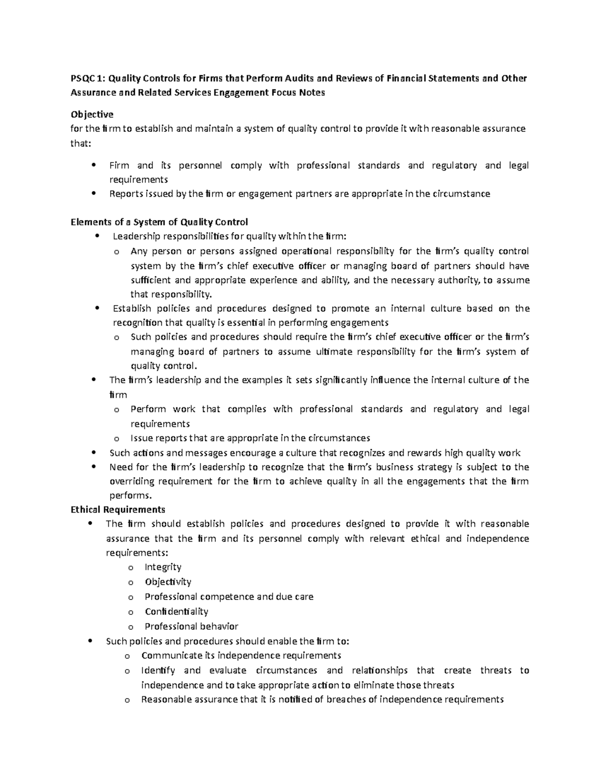 PSQC 1 - Lecture Notes on Quality Control Systems in Audits - Studocu