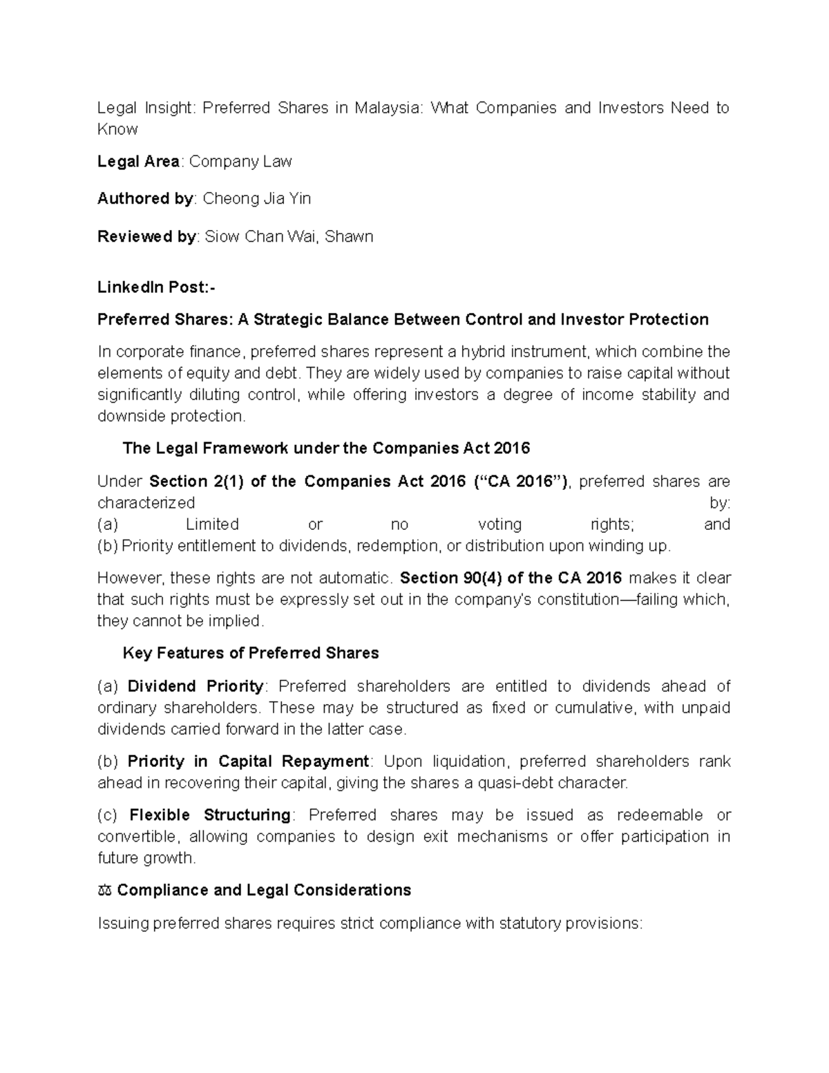 Legal Insight: Preferred Shares in Malaysia - Key Considerations (CA ...