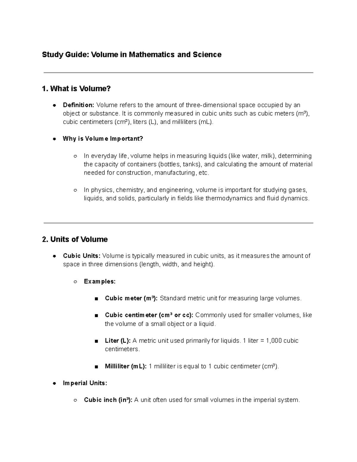 Mathematics & Science 1: Study Guide on Volume Concepts - Studocu