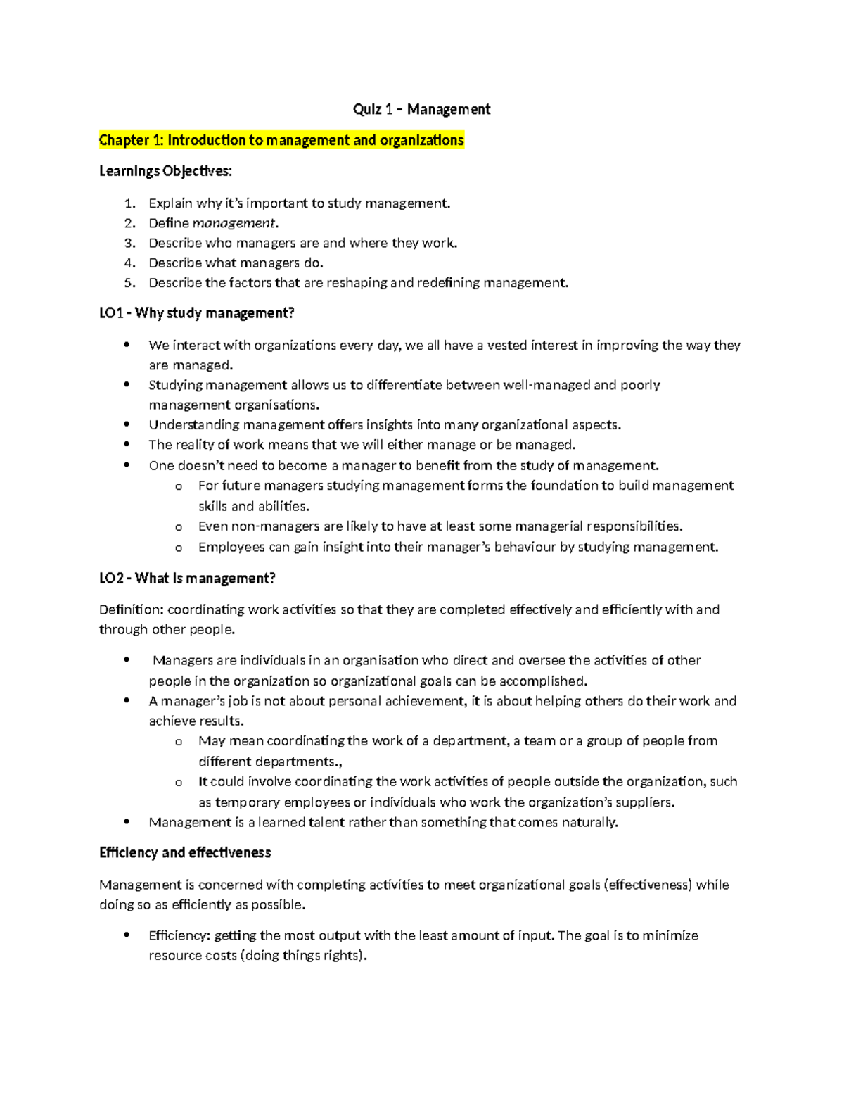 Study QUIZ 1 - Quiz 1 – Management Chapter 1: Introduction to ...
