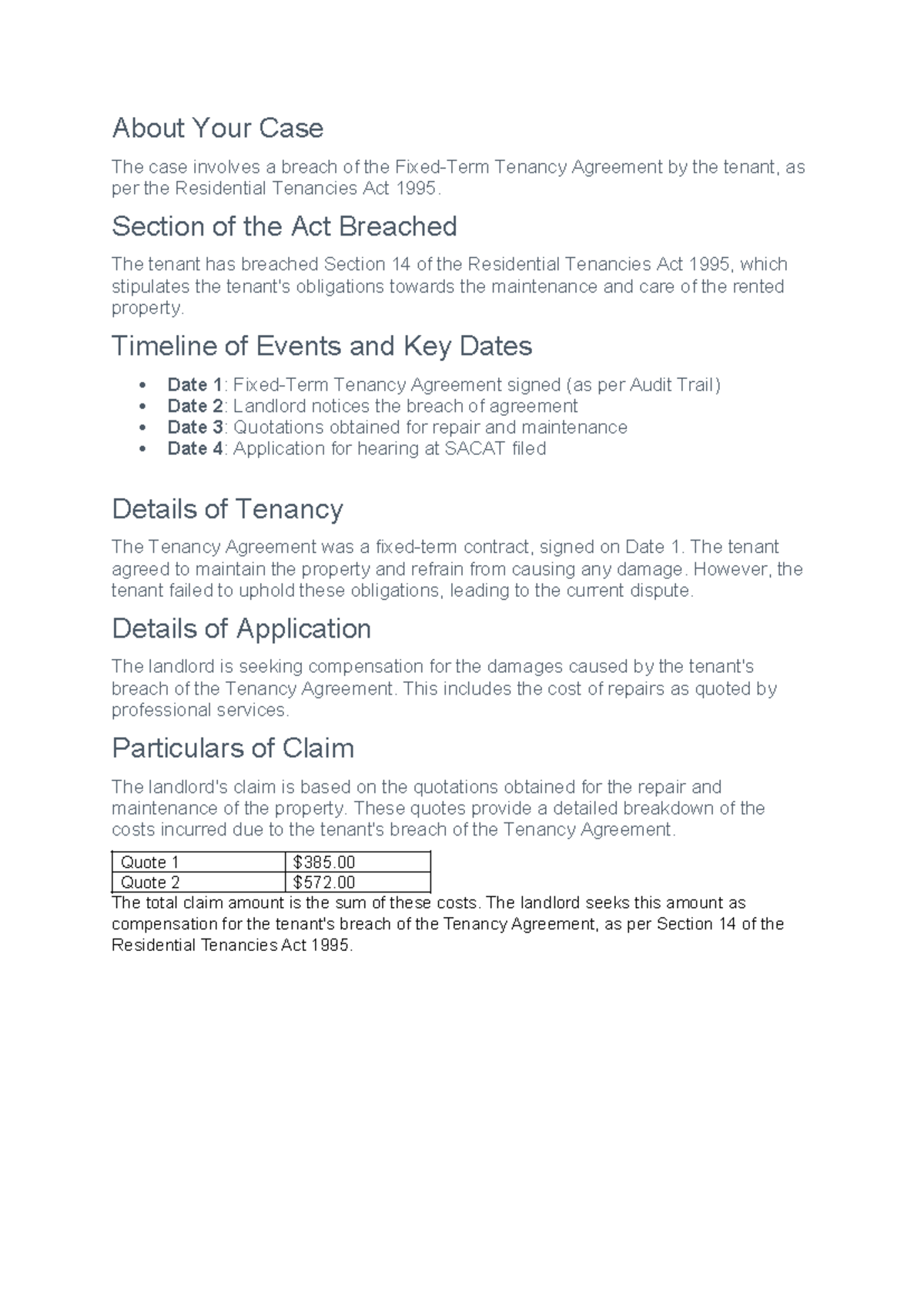 Hearing Case 1: Breach of Tenancy Agreement Under RTA 1995 - Studocu