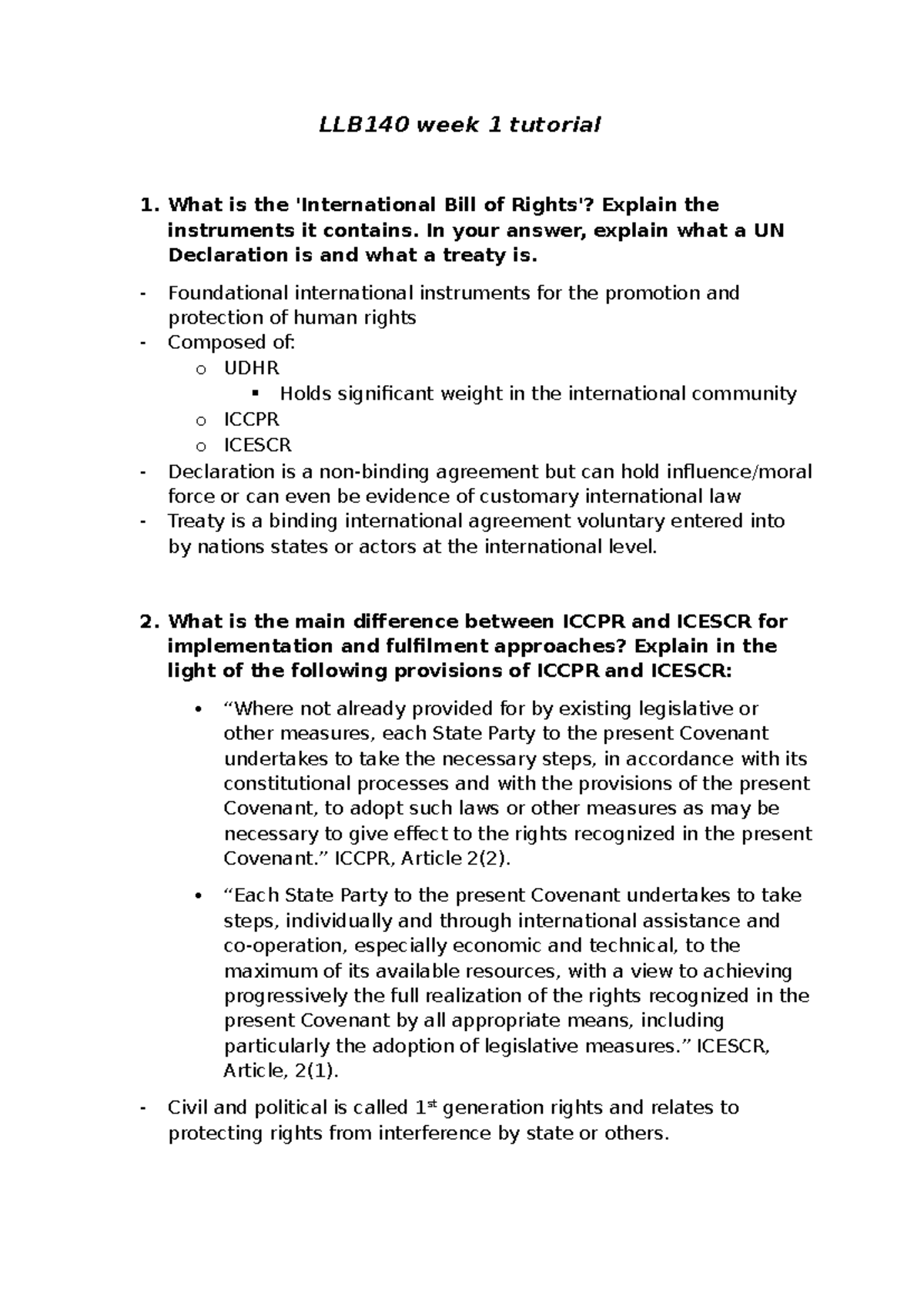 LLB140 Week 1 Tutorial: Understanding Human Rights Instruments and ...