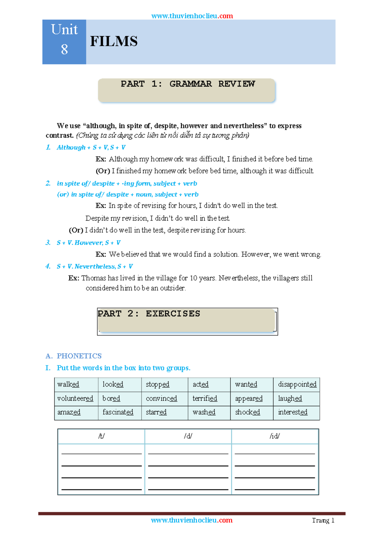 Unit FILMS 8: Grammar Review & Exercises on Contrast and Phonetics ...