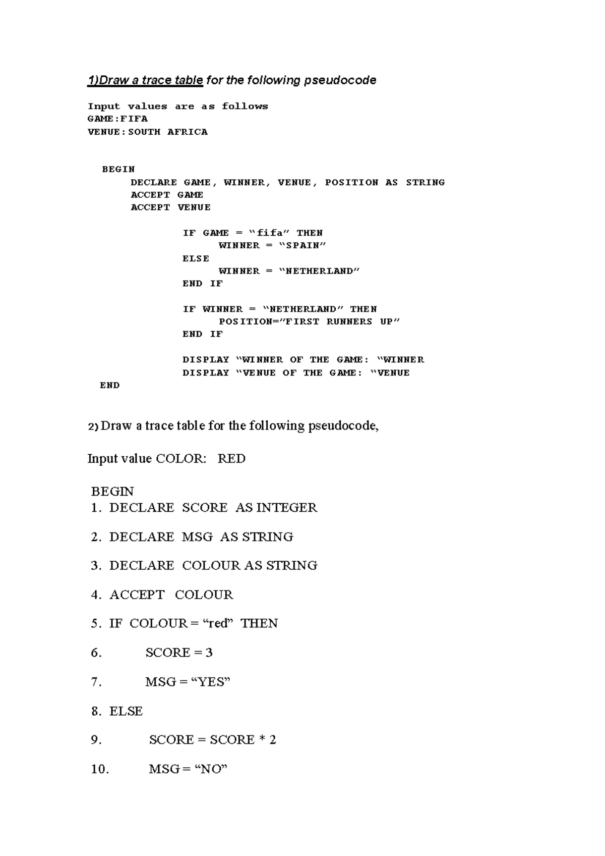 Trace Table Exercise for Pseudocode Analysis - Studocu