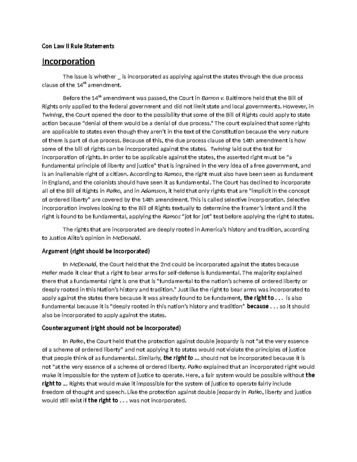 Con Law II Final Exam Outline: Rule Statements on Incorporation and Due ...