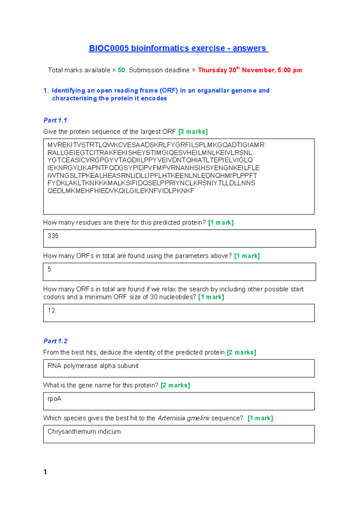 BIOC0005 Bioinformatics Exercise - Answer Sheet Evaluation - Studocu
