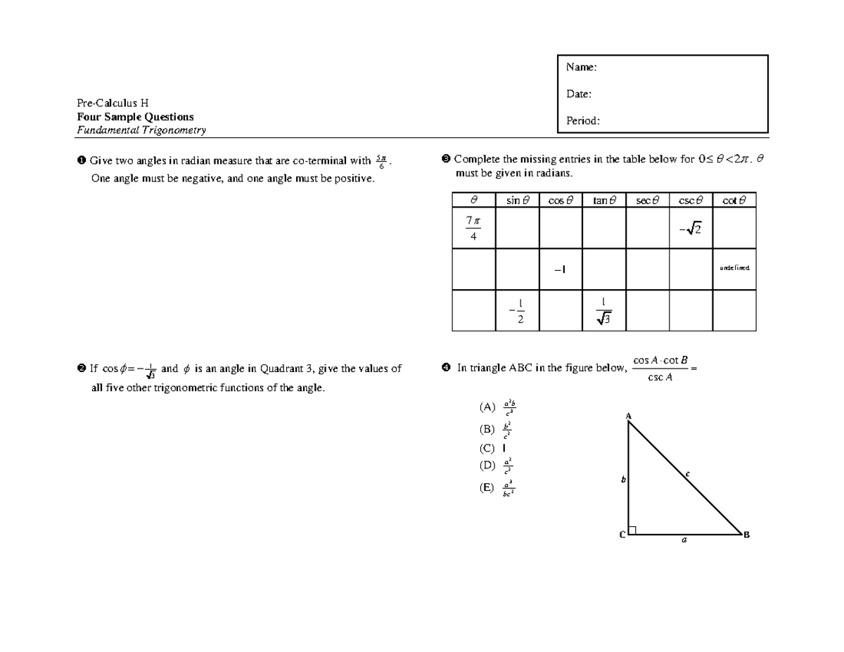 MATH 101: Four Sample Questions on Fundamental Trigonometry - Studocu
