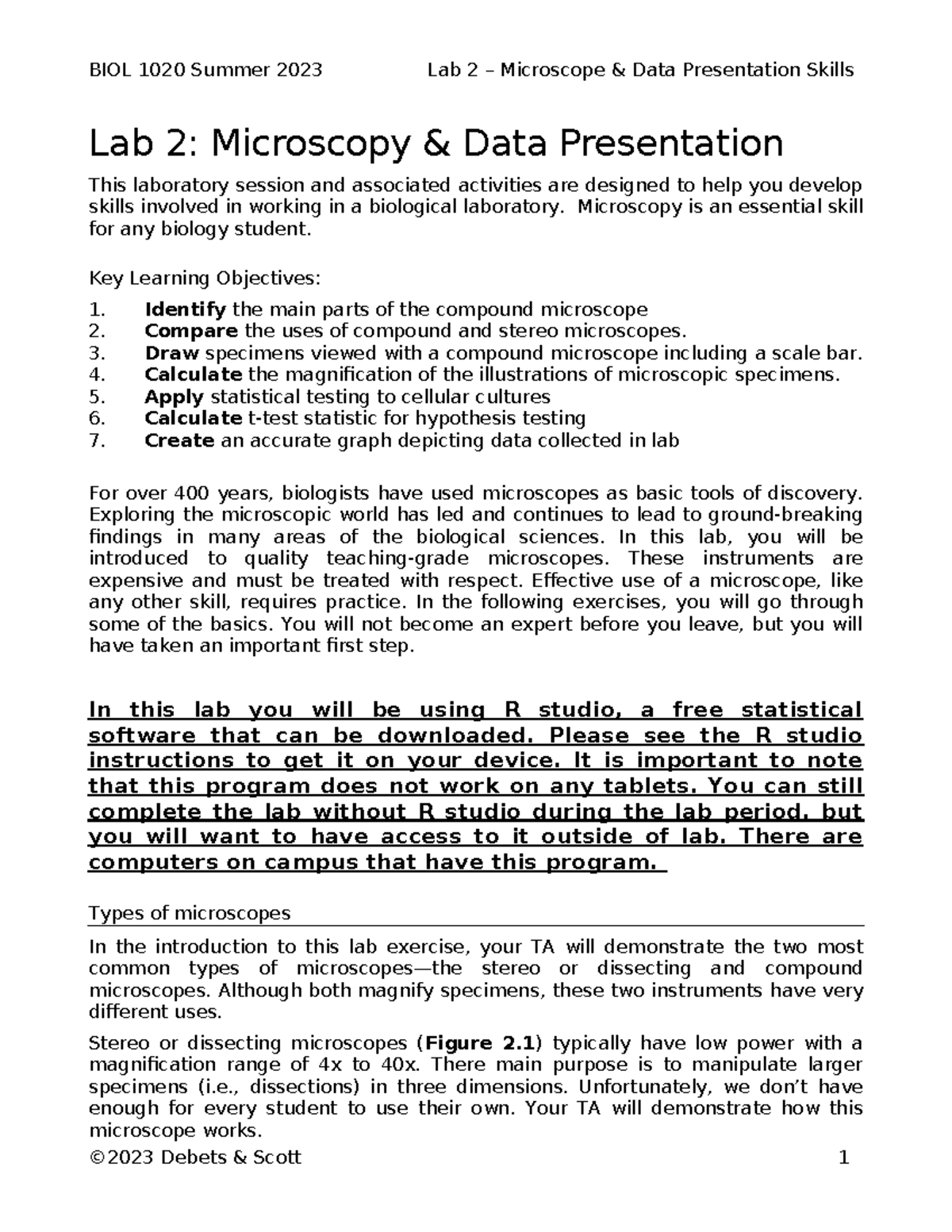 BIOL 1020 Summer 2023 Lab 2: Microscopy Skills & Data Presentation ...