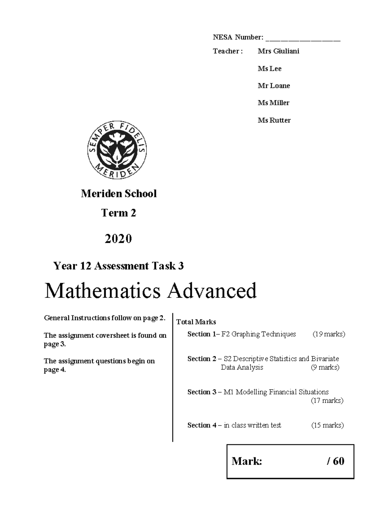 Y12 MATHEMATICS ADVANCED Task 3 Assignment Term 2 2020 - Studocu