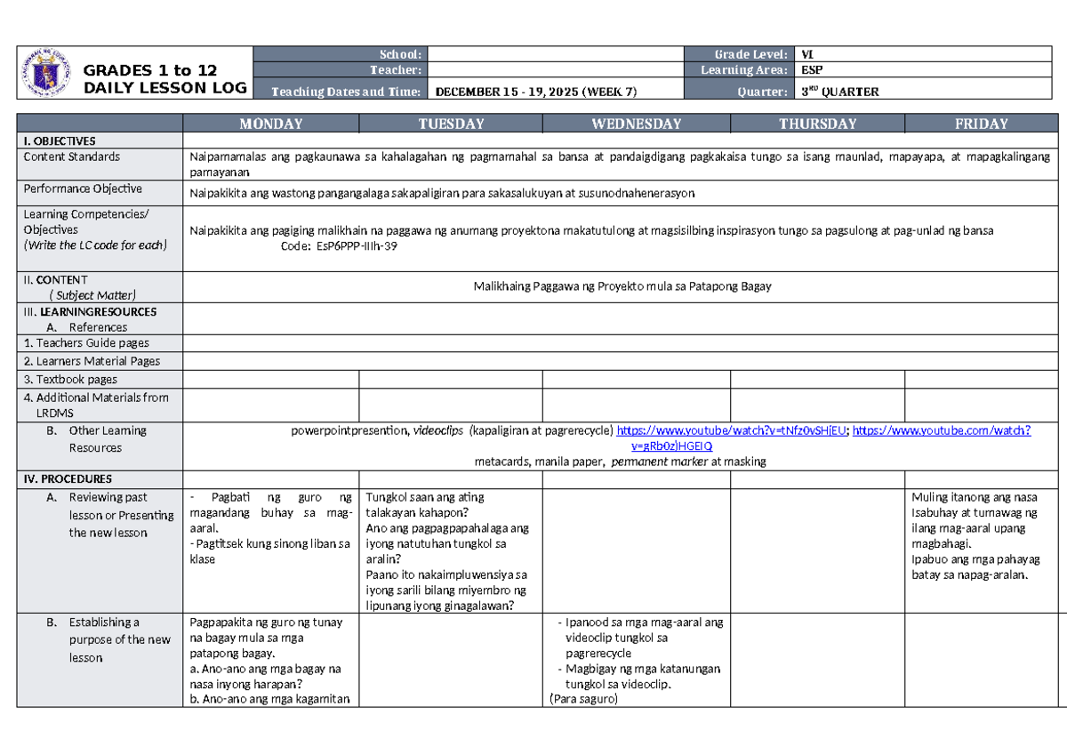 DLL ESP 6 Q3 W7: Daily Lesson Log for December 15-19, 2025 - Studocu