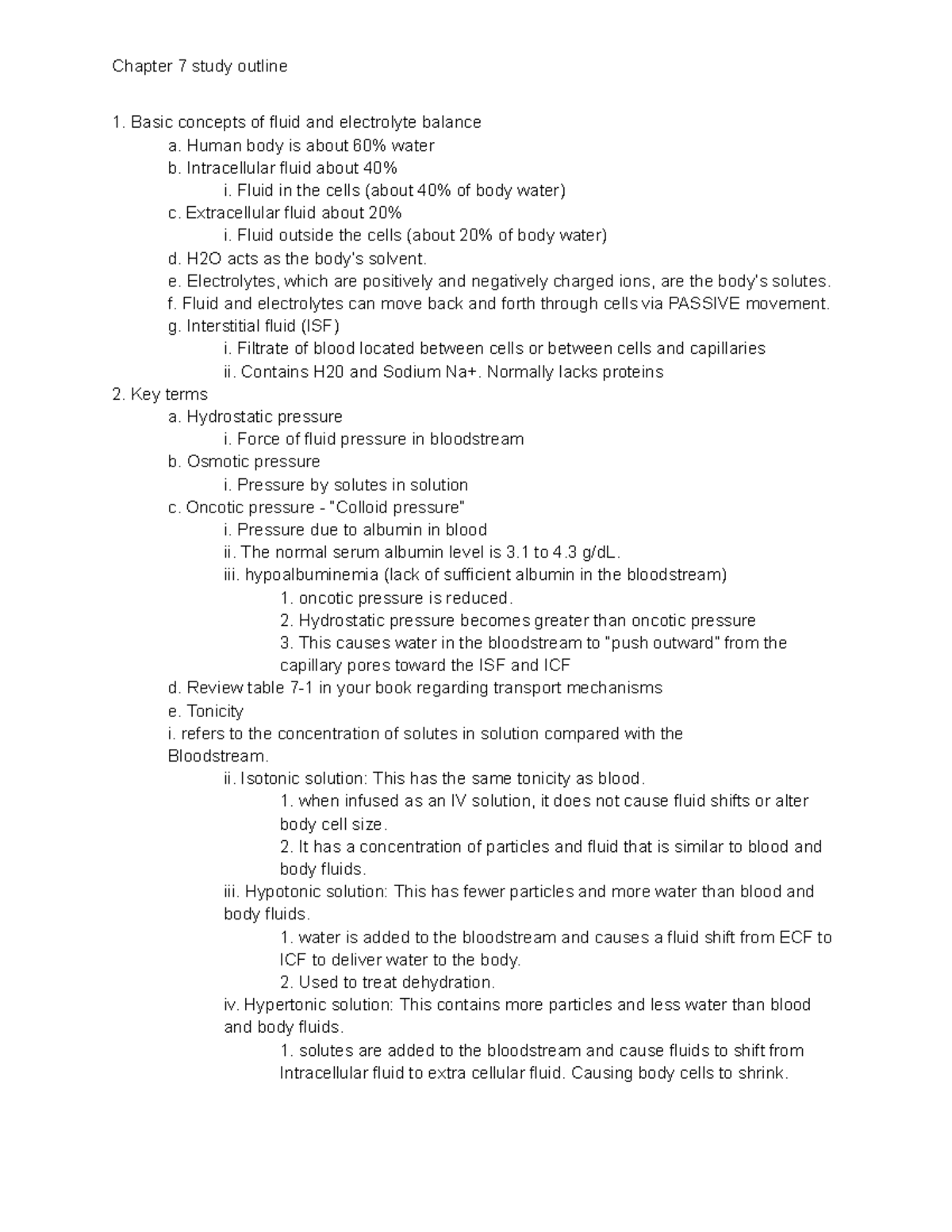 Chapter 7: Fluid & Electrolyte Balance Study Outline (Course Code ...