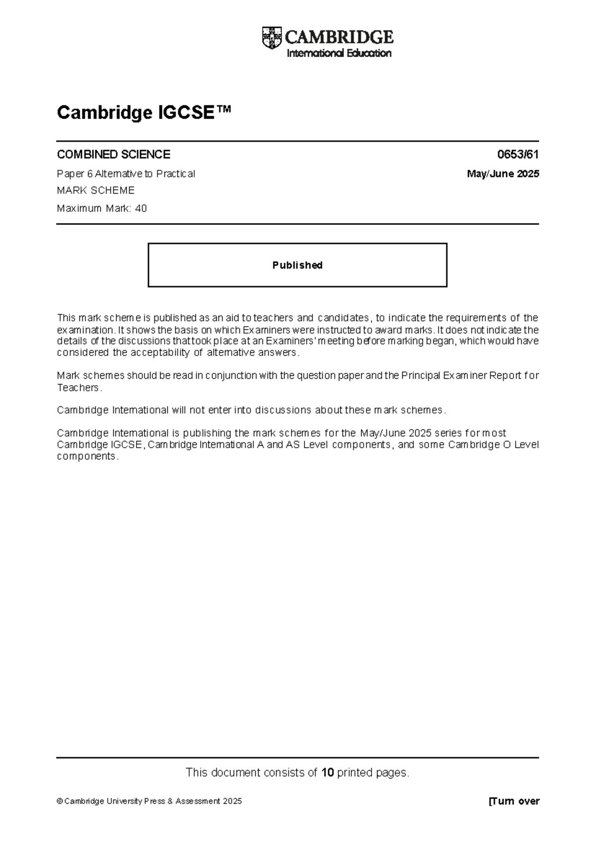 Cambridge IGCSE Combined Science Paper 6 Alternative to Practical 2025 ...