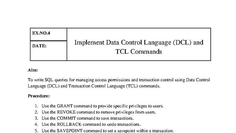 DBMS Lab EX.4: Implementing DCL & TCL Commands for SQL Management - Studocu