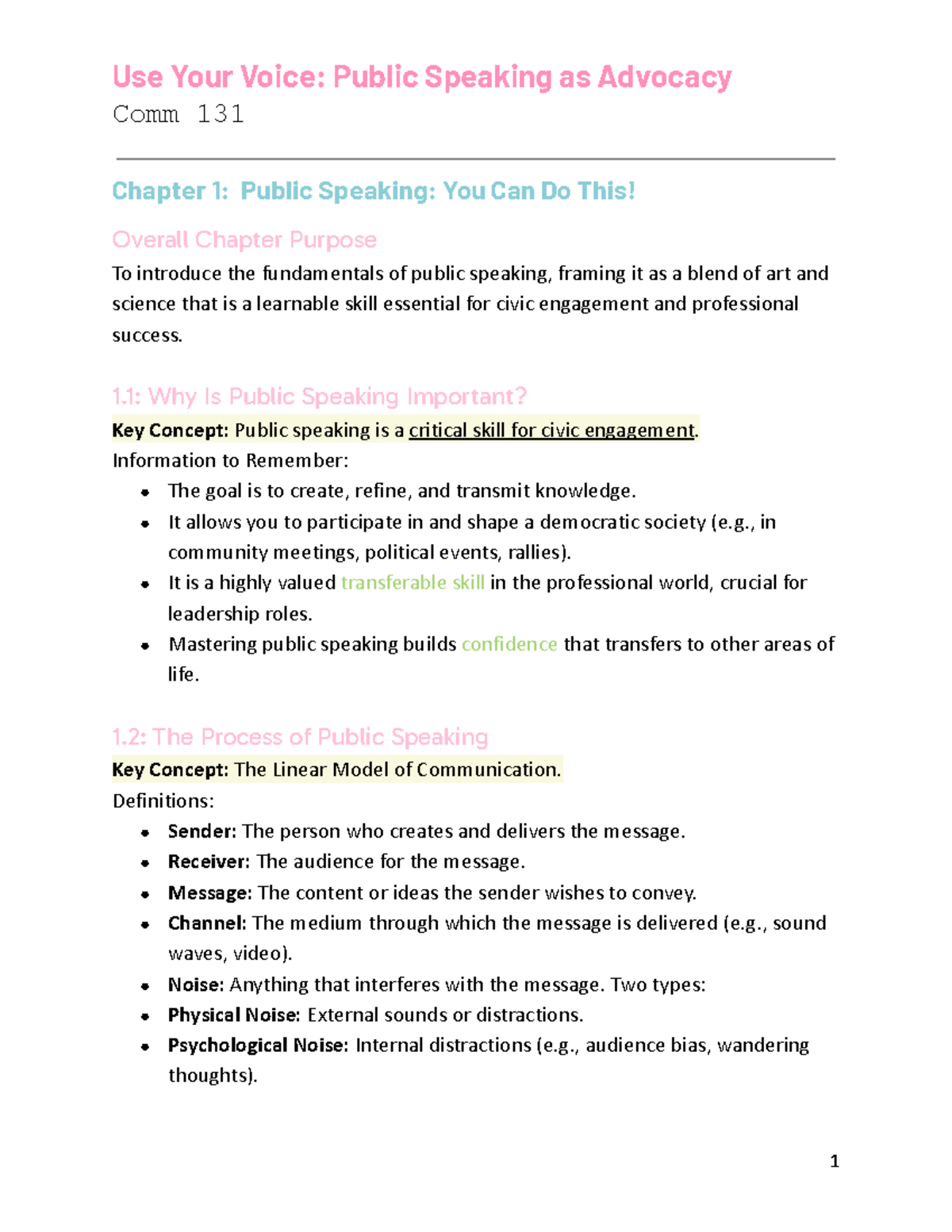 Comm 131 Public Speaking as Advocacy: Chapter 1 Overview and Key ...