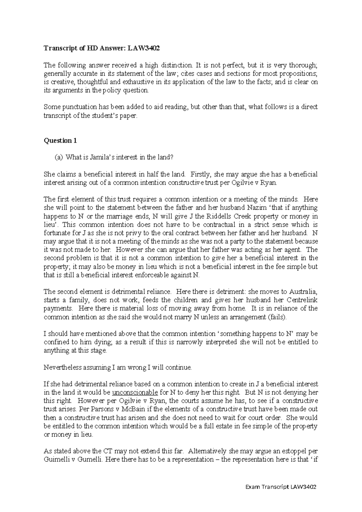 2011 S2 - HD Answer - practice exam - Transcript of HD Answer: LAW The ...