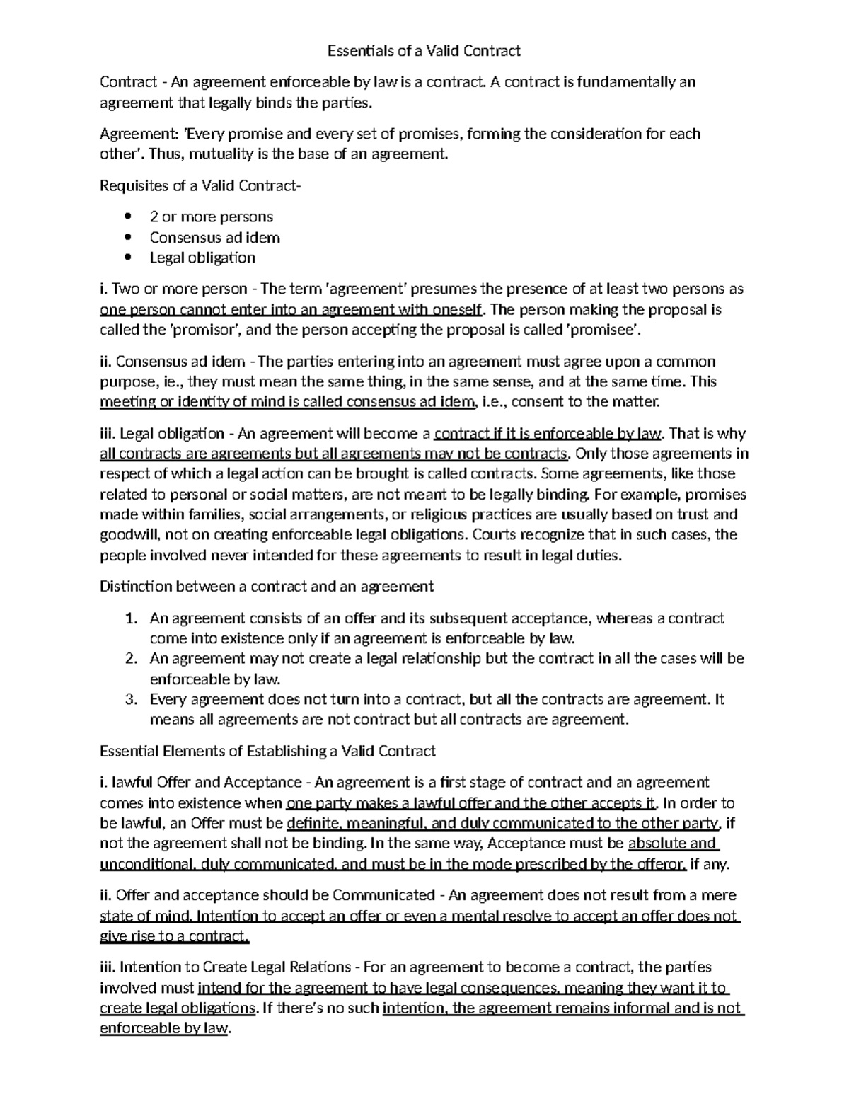 Essentials of a Valid Contract: Key Elements and Legal Framework - Studocu