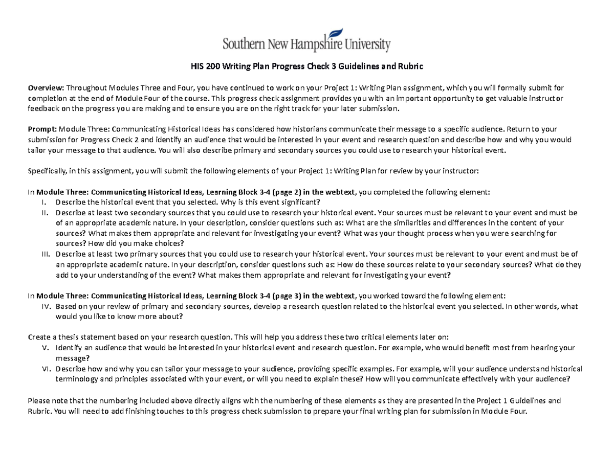 HIS 200 Writing Plan Progress Check 3: Guidelines and Rubric Overview ...