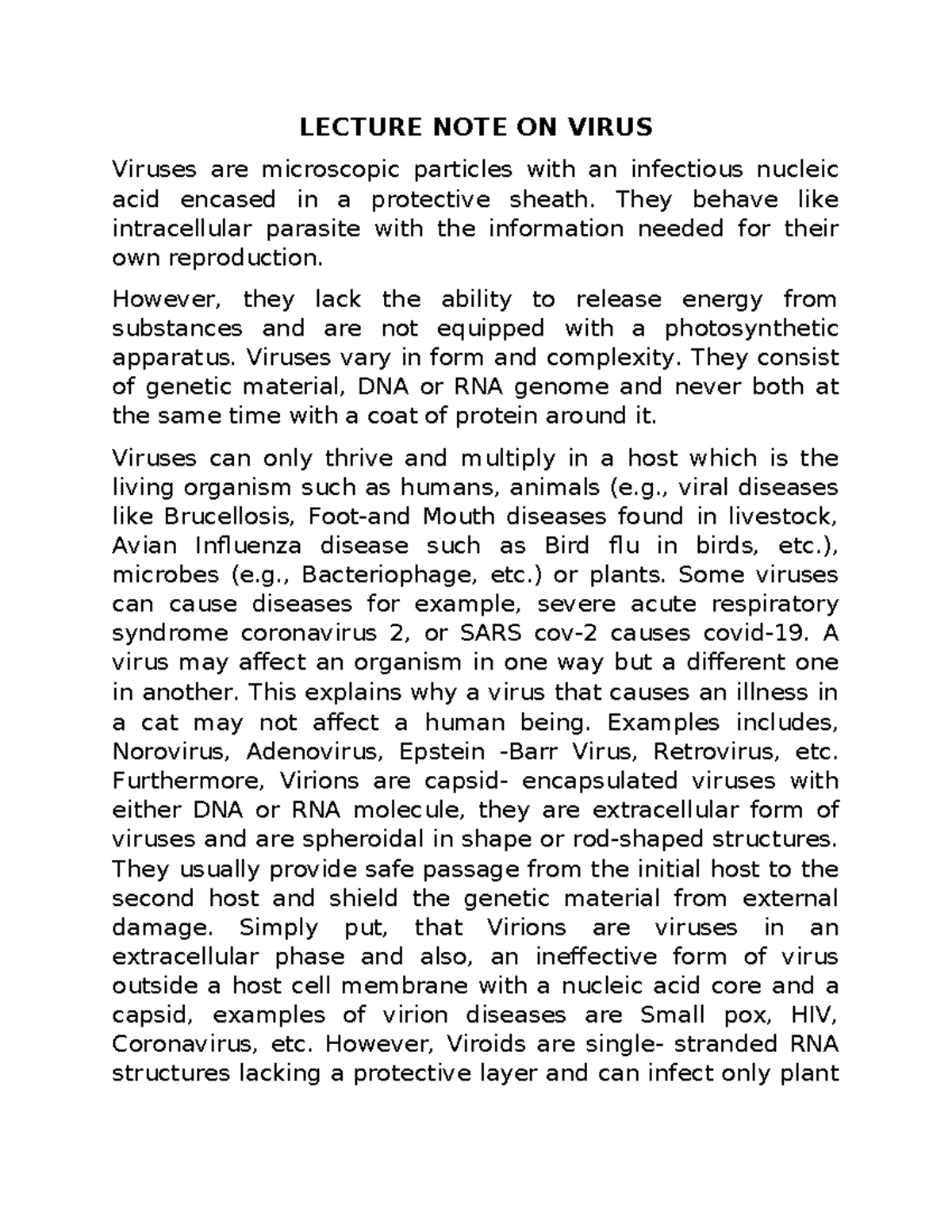 LECTURE NOTE ON VIRUSES (BIO 101) - Studocu