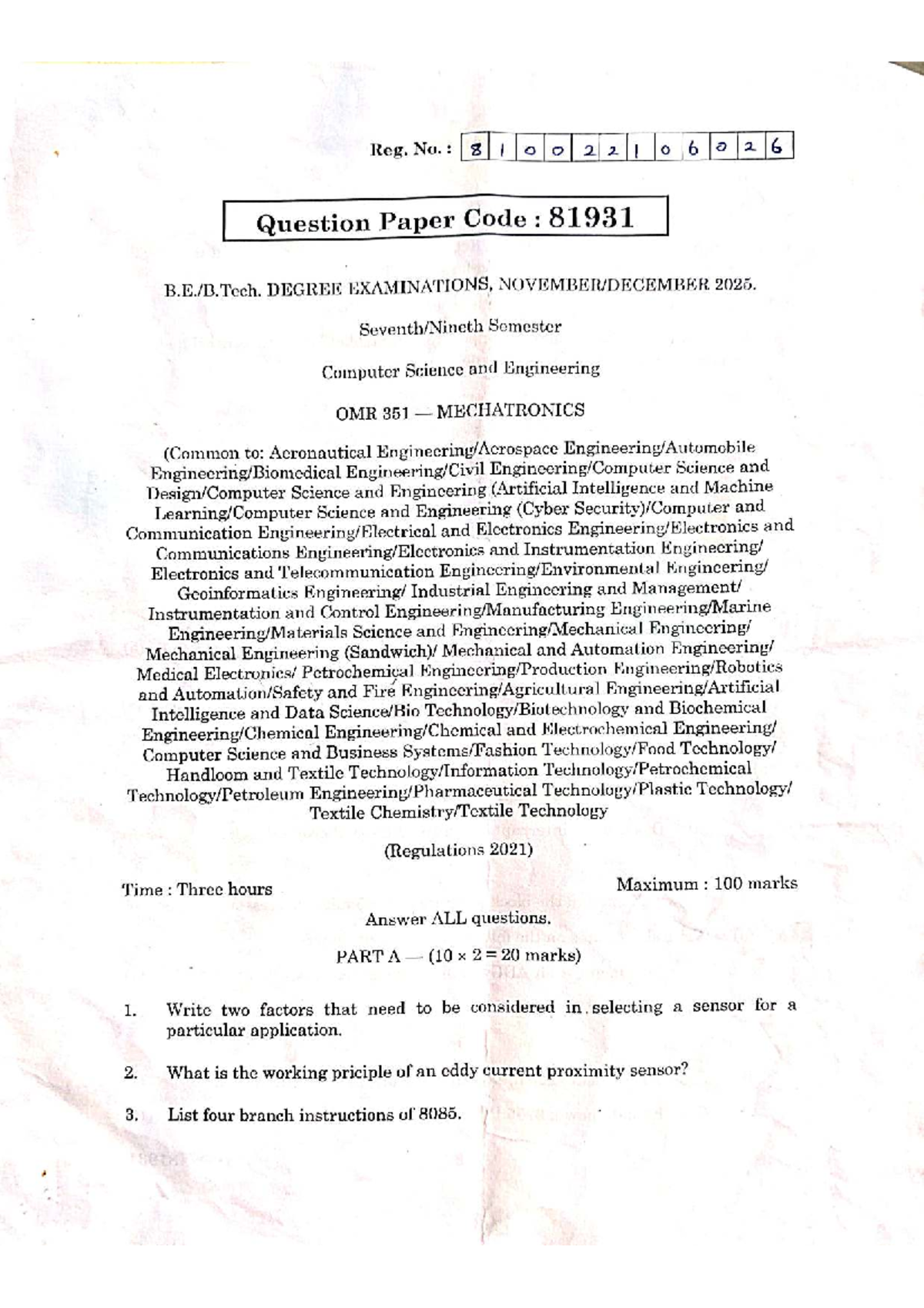 Qp2 - 81931 Mechatronics Degree Exam Question Paper, 2025 - Studocu