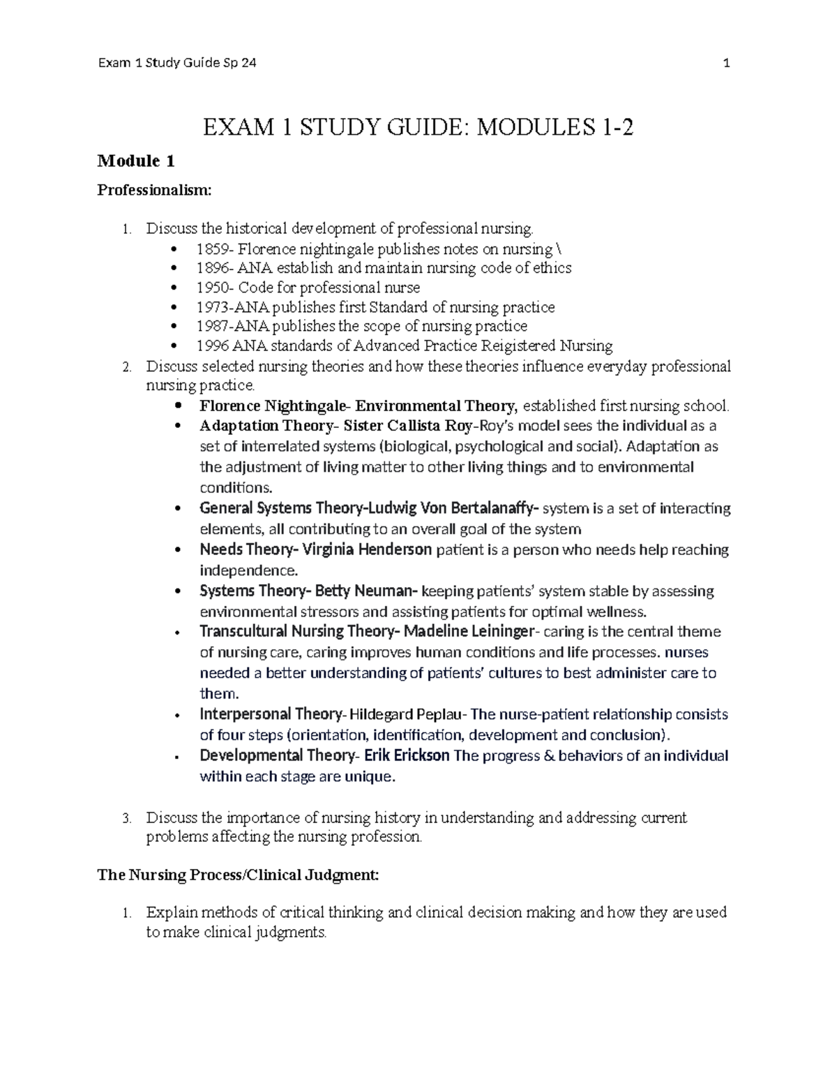 EXAM 1 Study Guide sp24 - first fundamental of nursing exam - EXAM 1 ...