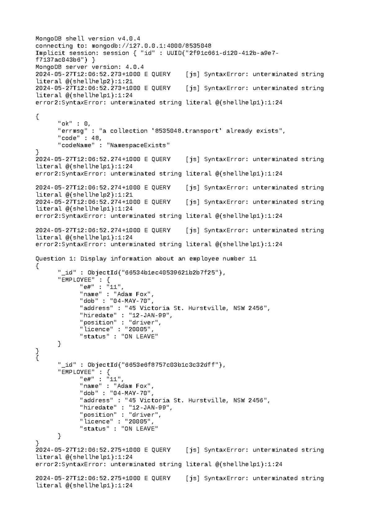 MongoDB Shell Query Errors & Employee Info - Course Code: CS101 - Studocu