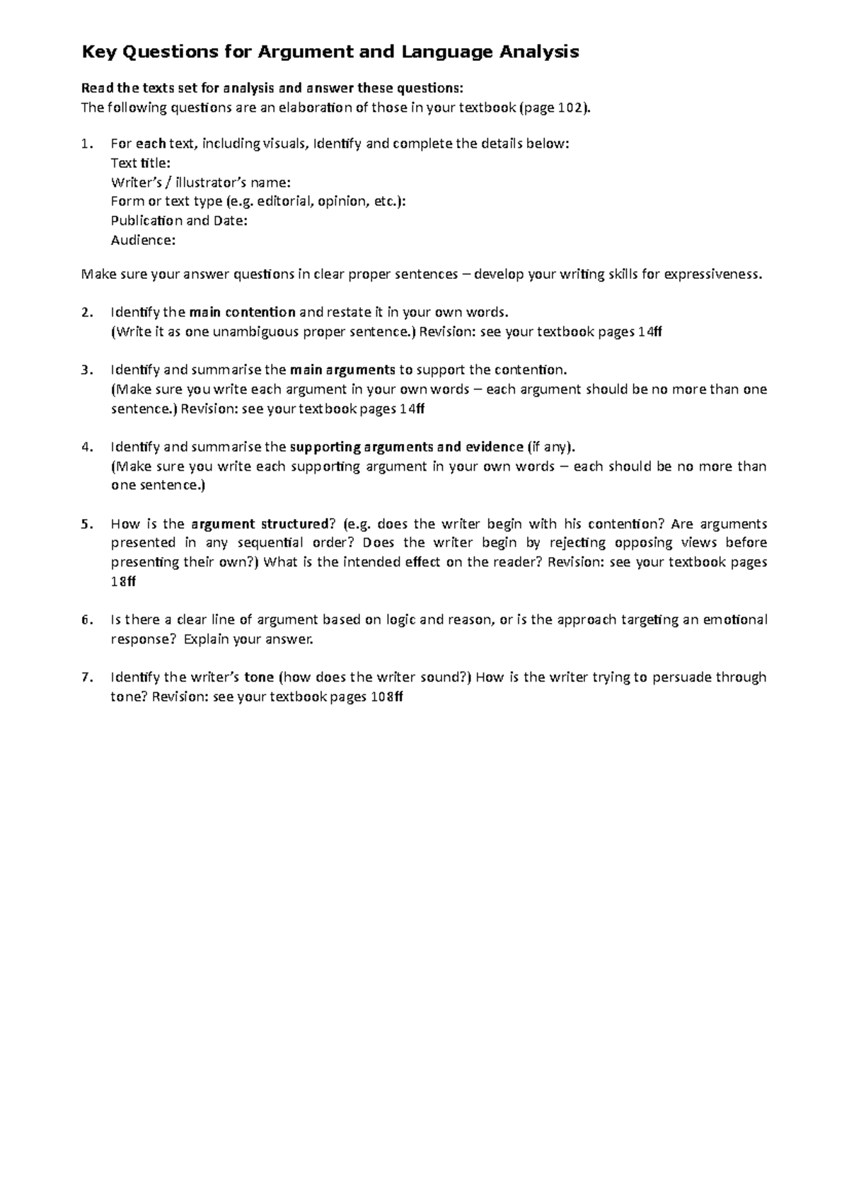 Key Questions for Argument and Language Analysis - For each text ...