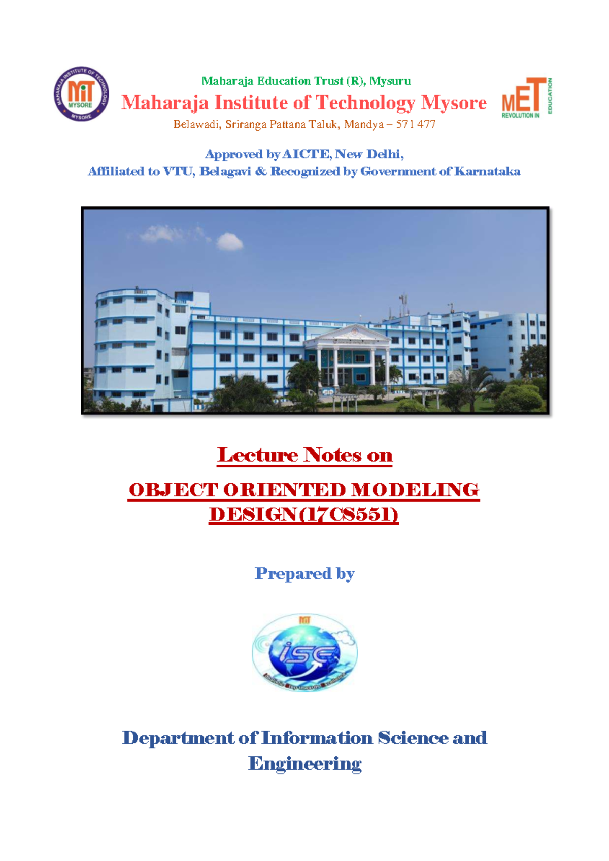 17CS551 Lecture Notes on Object Oriented Modeling Design - Studocu
