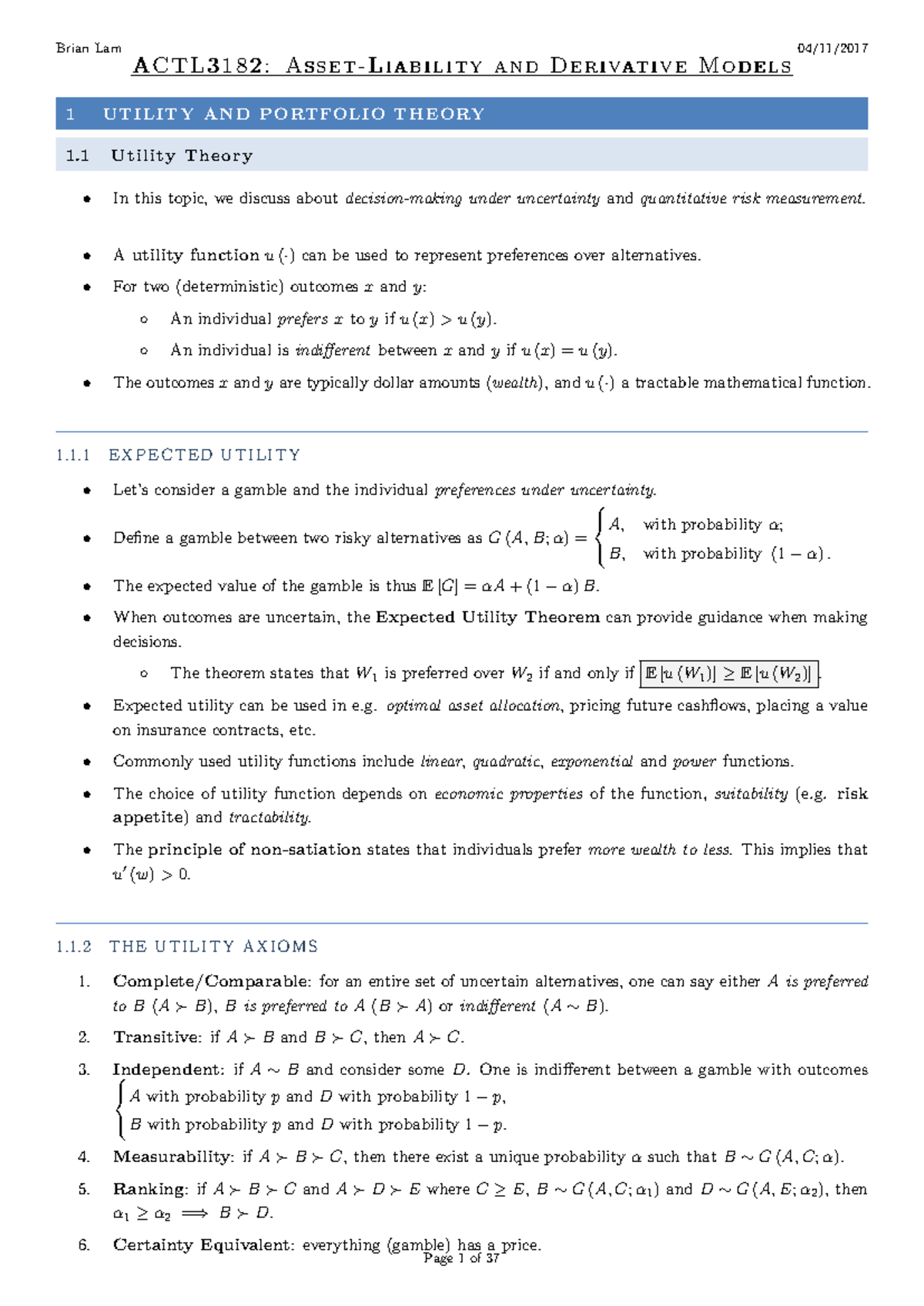 ACTL3182 Summary Notes - - Studocu