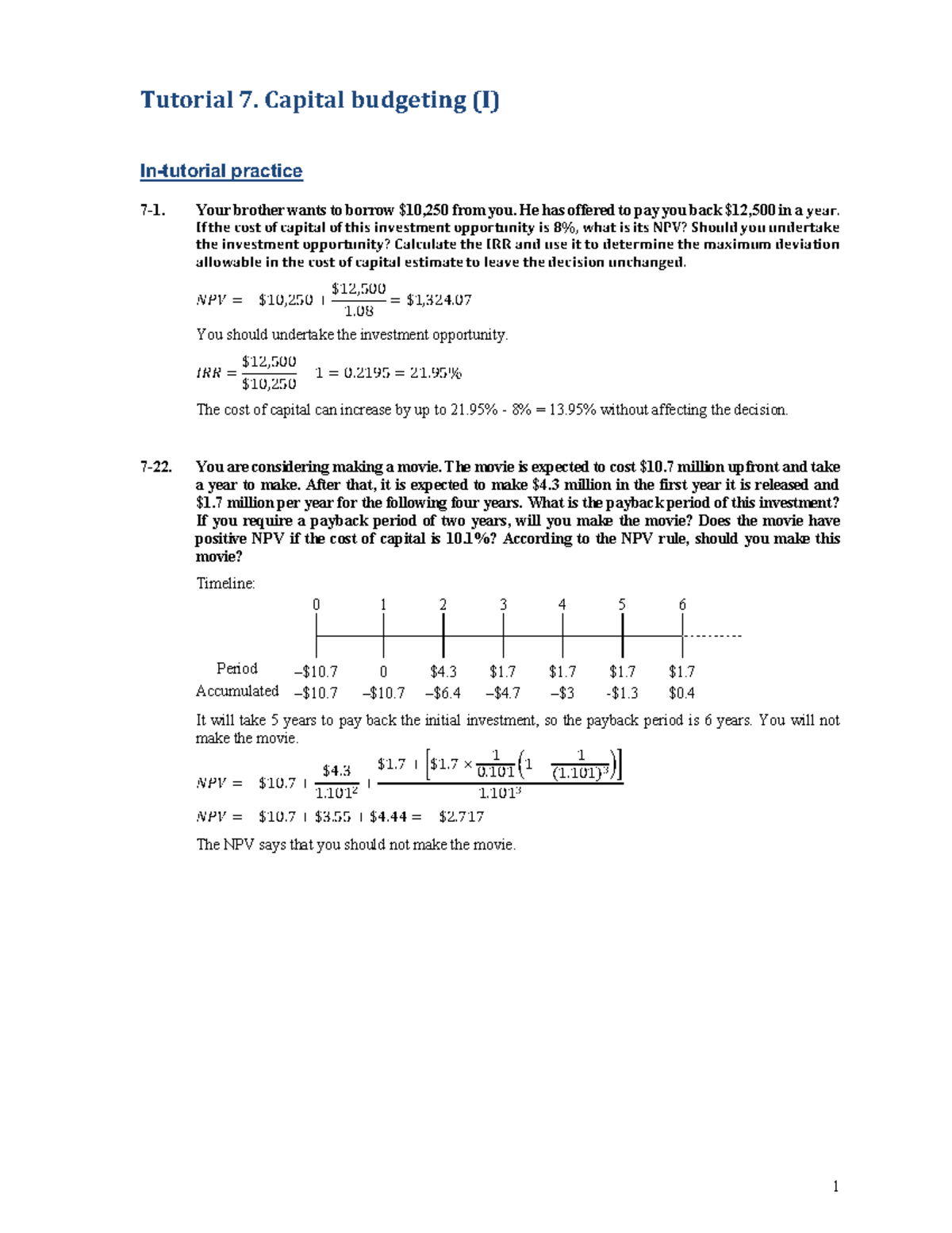 Tutorial 7 Solutions: Capital Budgeting Practice and Analysis - Studocu