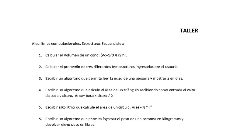TALLER Algoritmos Computacionales: Ejercicios de Estructuras ...