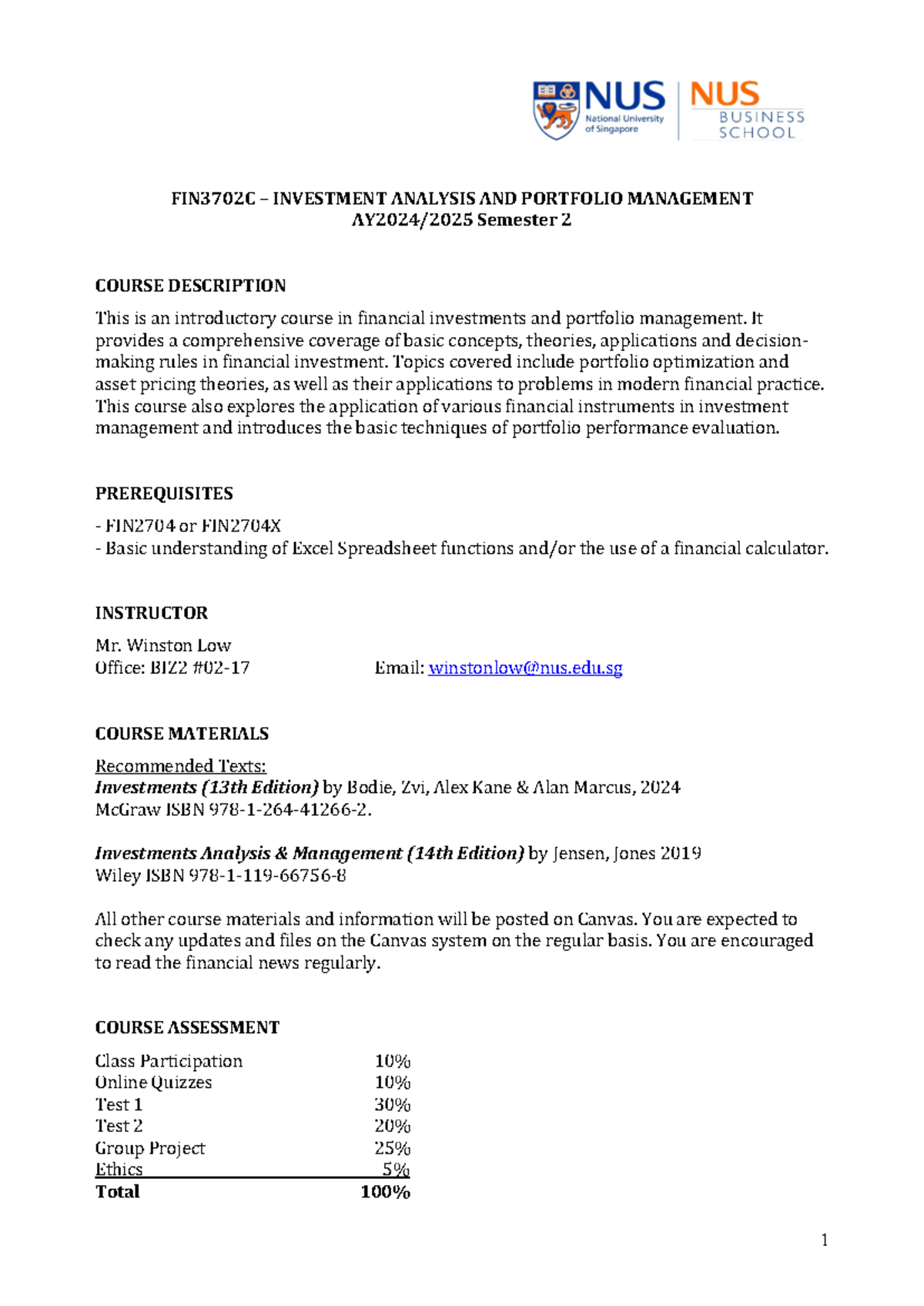 FIN3702C Investment Analysis & Portfolio Management Course Outline ...
