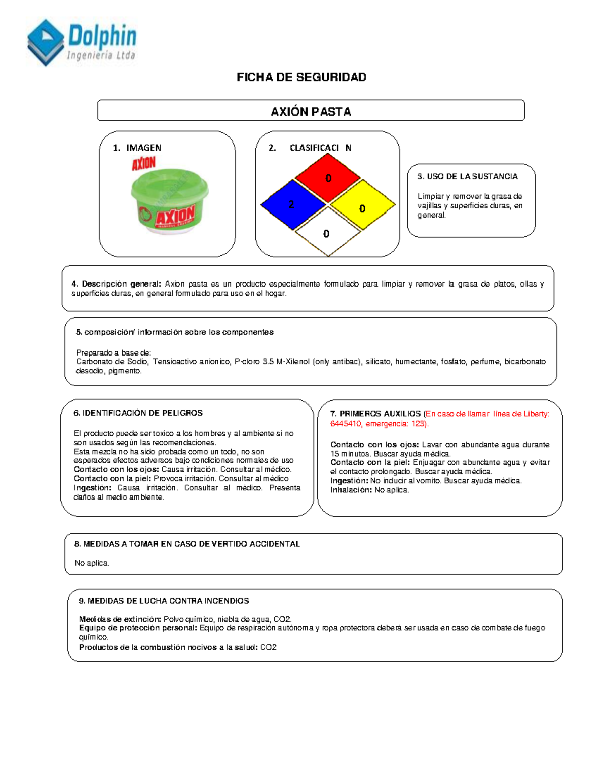 FICHA DE SEGURIDAD: AXIÓN PASTA - USO Y PELIGROS - Document Preview