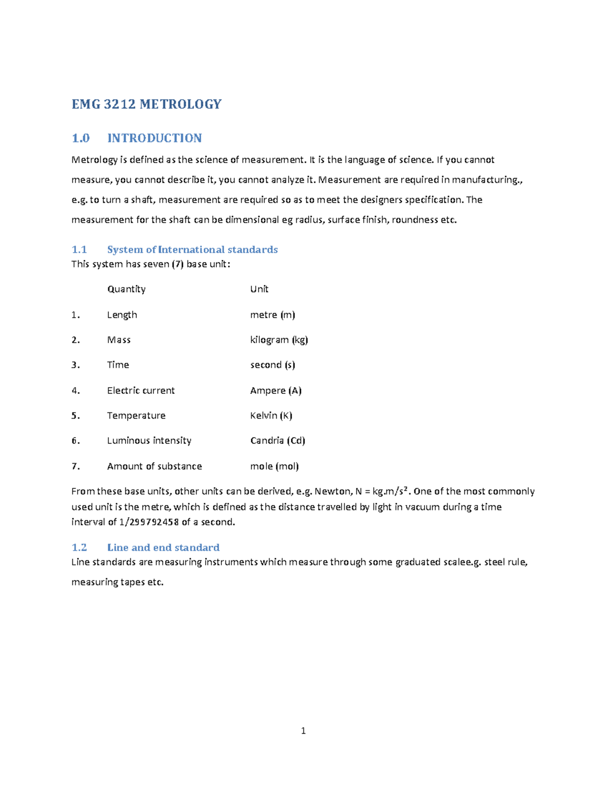 Lecture Notes on Metrology (EMG 3212) - Studocu