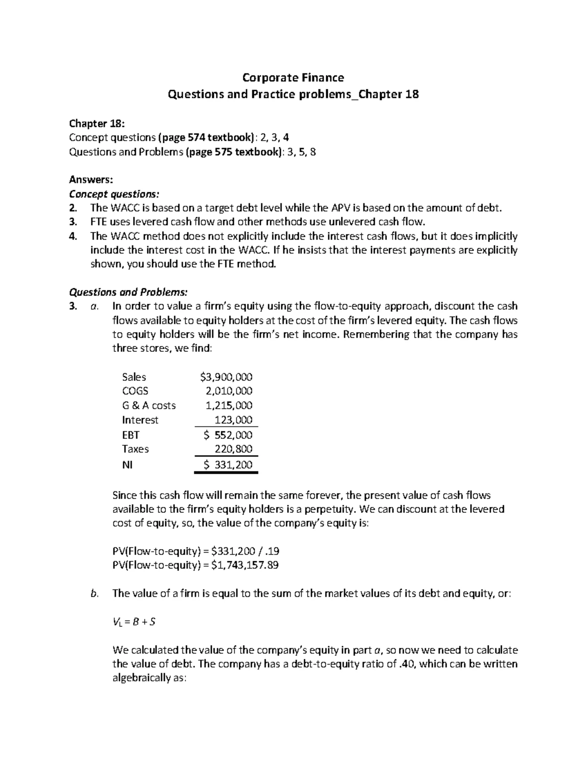 Answers CF Questions and Practice problems Chapter 15 - Corporate ...