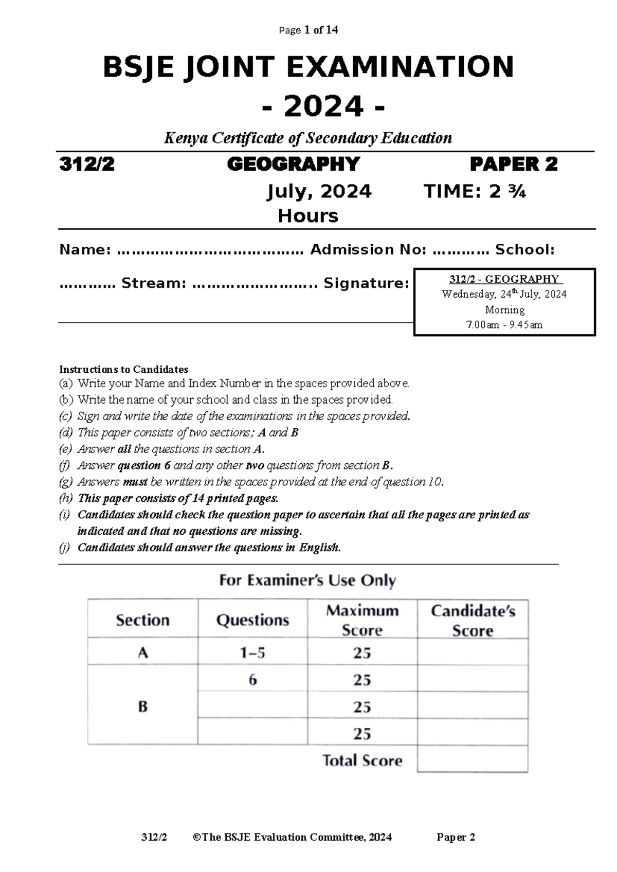 BSJE Geography Paper 2 Exam Questions - July 2024 Revision Guide - Studocu