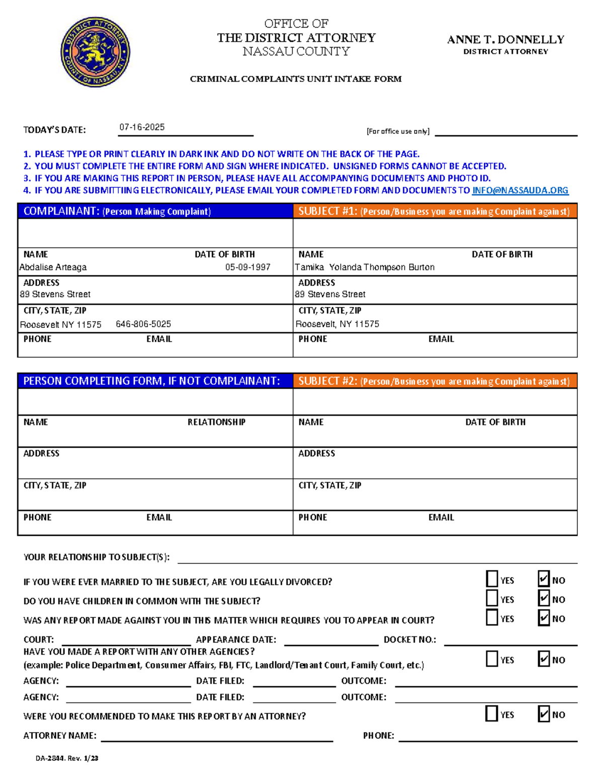 Nassau County Criminal Complaint Intake Form 2023 - Studocu