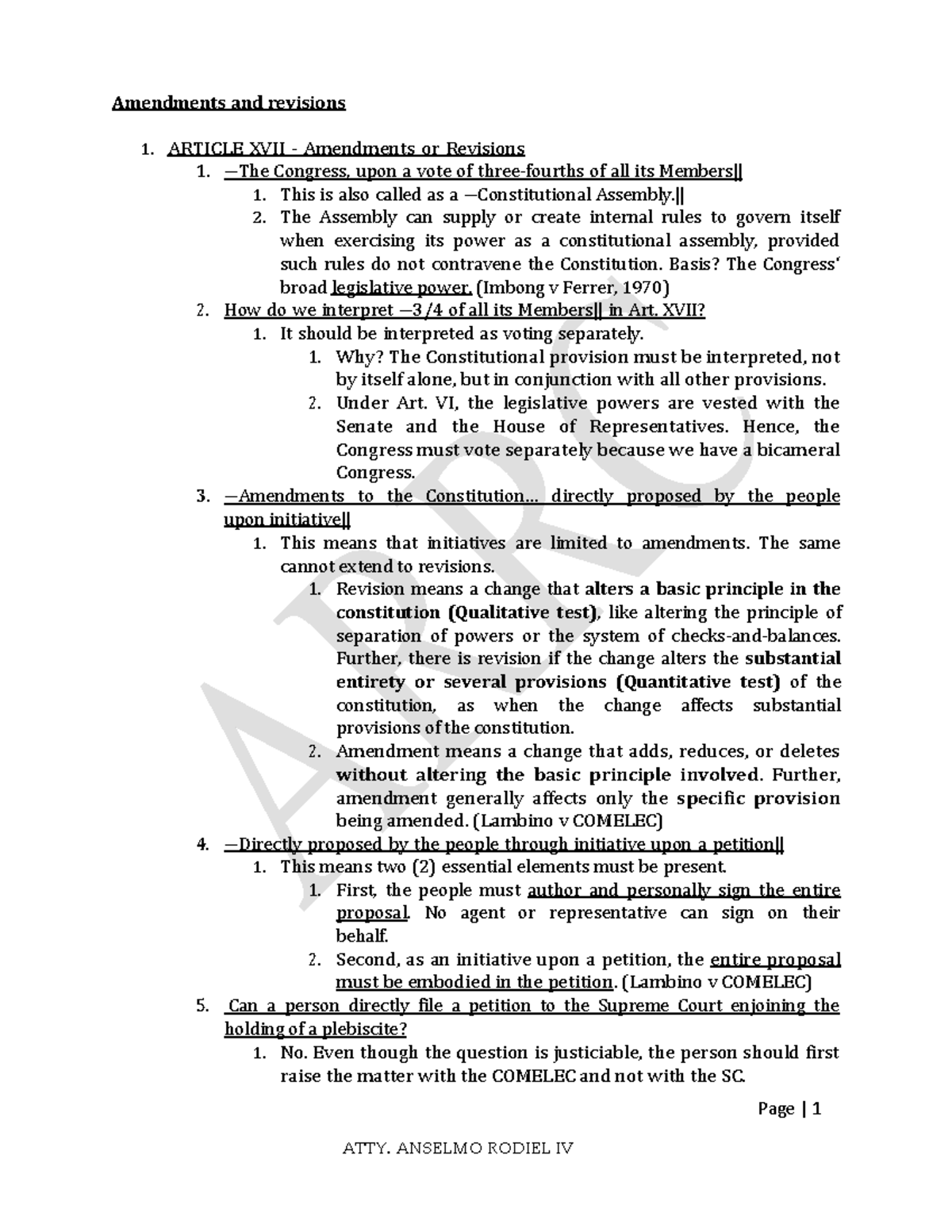 PART 1 Consti 1 Reviewer on Amendments & Revisions - ATTY Rodiel - Studocu