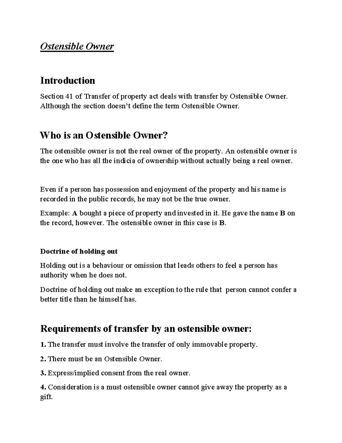Ostensible Owner Overview - Key Concepts and Judicial Precedents - Studocu