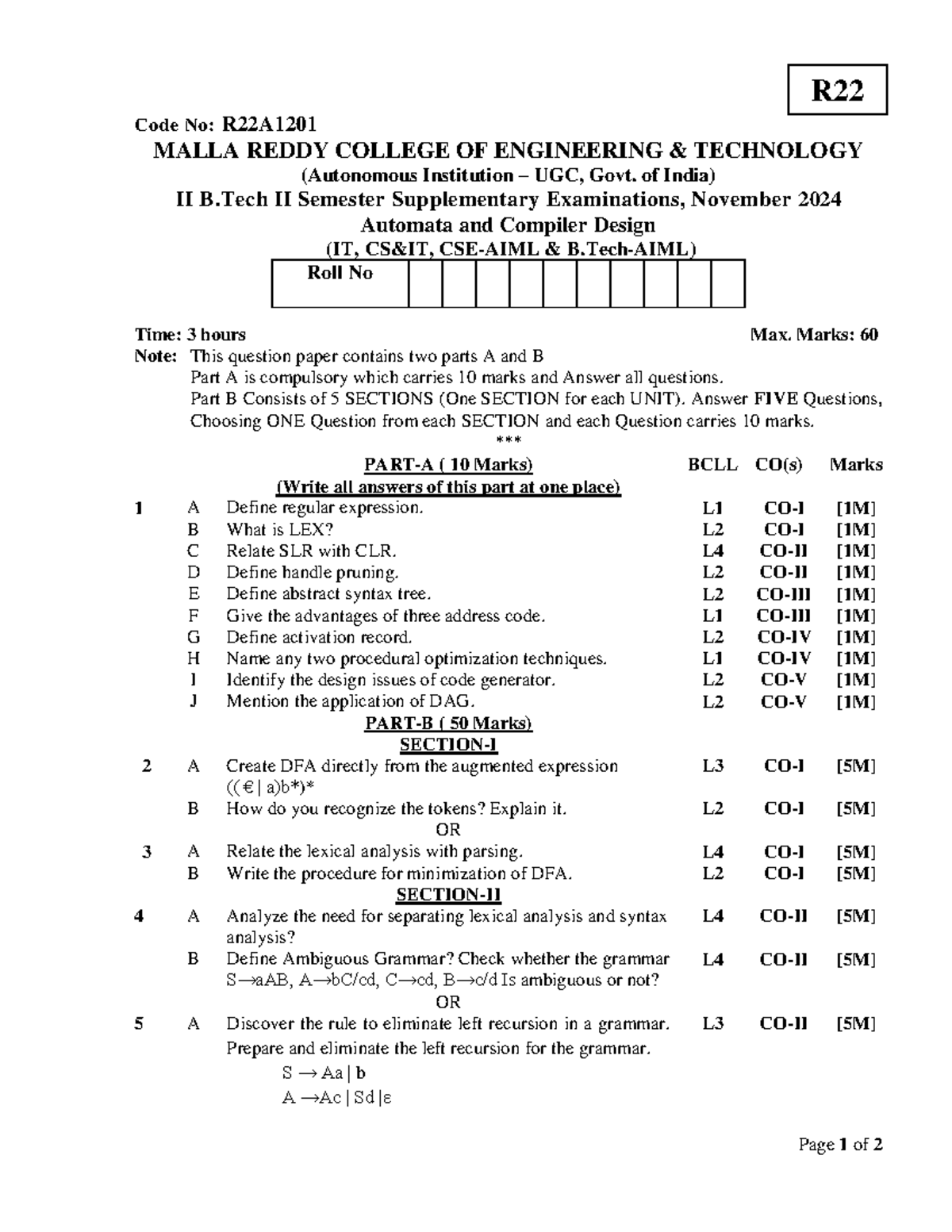 R22A1201 II B.Tech II Sem Automata & Compiler Design Exam Paper - Studocu
