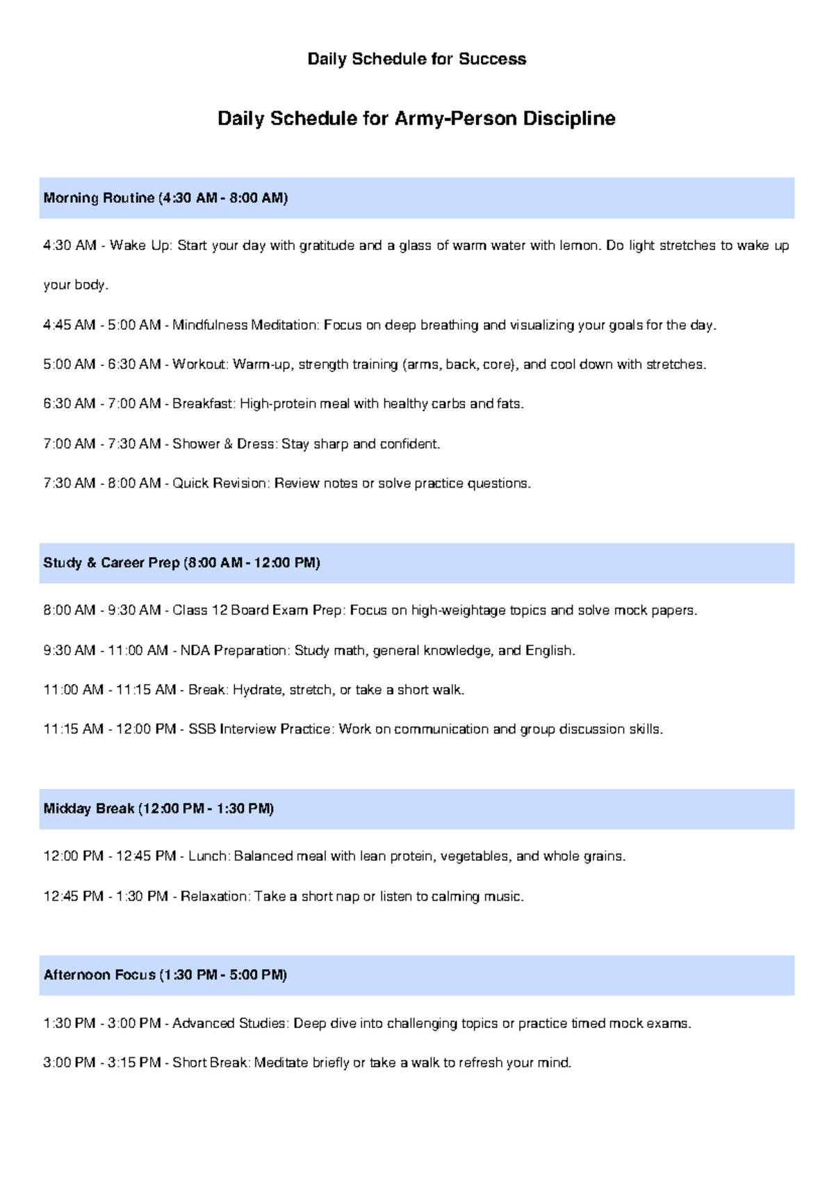 Daily Schedule Army Discipline - Daily Schedule for Success Daily ...