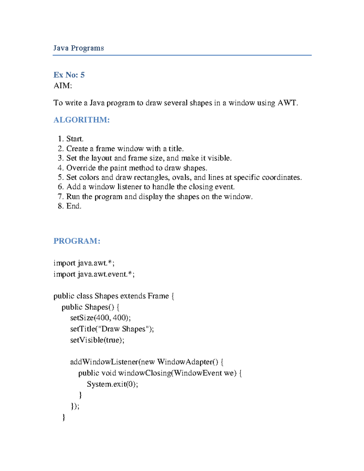 Java Programs Ex No: 5 to 8 - AWT Shape Drawing and Details Handling ...