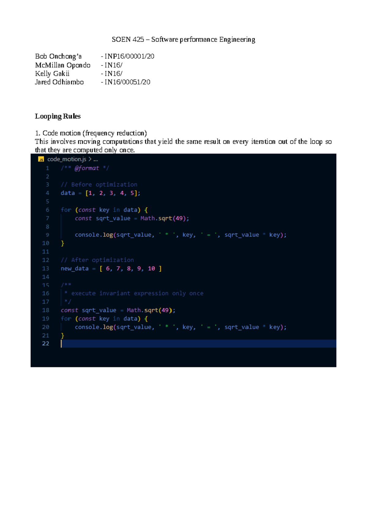 SOEN 425 Software Performance Engineering: Loop Optimization Techniques ...