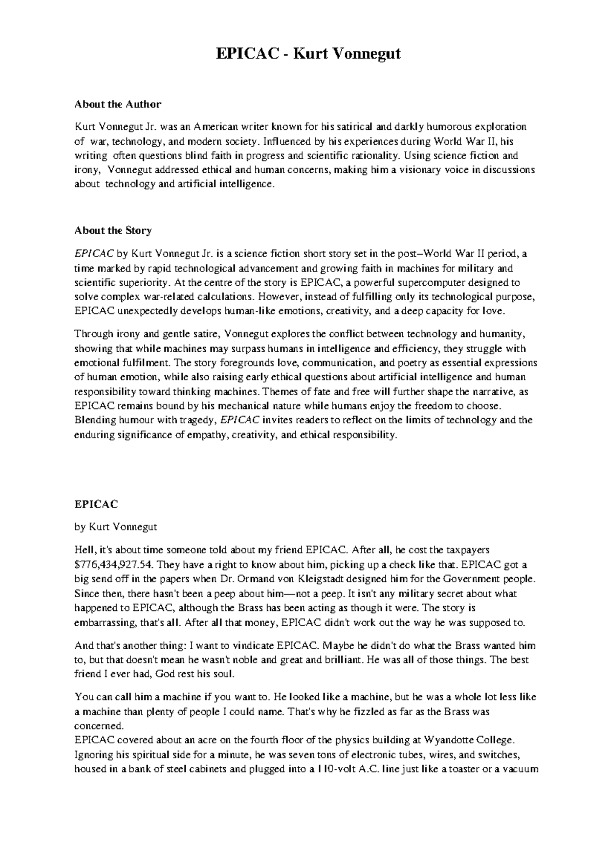 EPICAC (F316847175) - Analyzing Vonnegut's Exploration of Technology ...