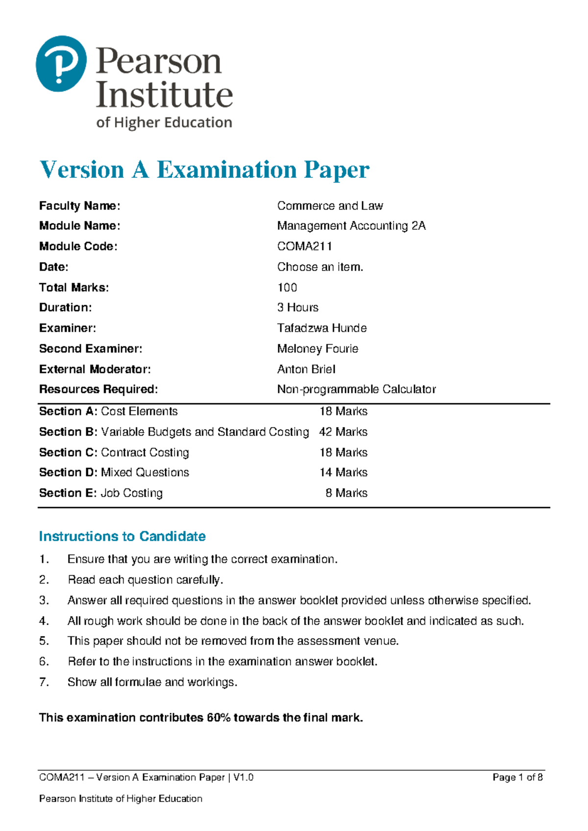COMA211 Management Accounting 2A - Version A Exam Paper - Studocu
