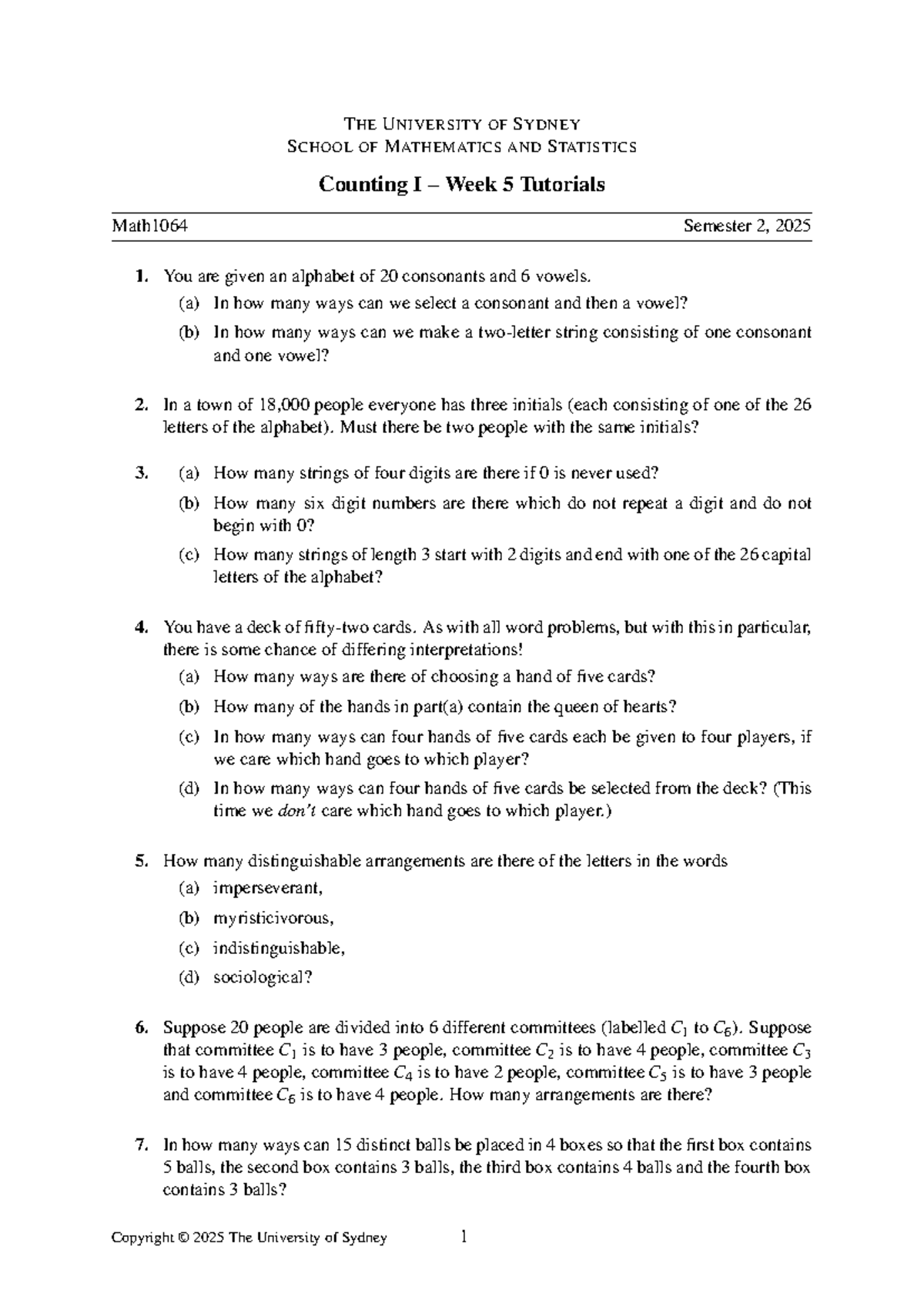 Math1064 Counting I Week 5 Tutorial Solutions - Semester 2, 2025 - Studocu