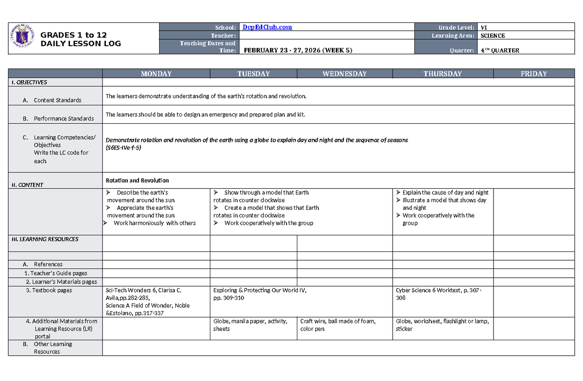 DTC DLL Science 6 Q4 W5 - Daily Lesson Log on Rotation & Revolution ...